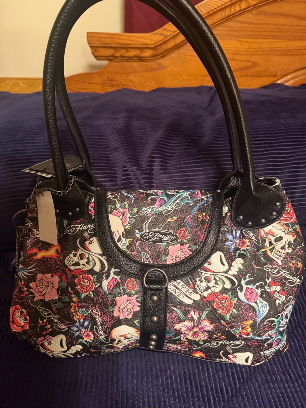 Ed Hardy Black Floral Skull Double-Handle Satchel